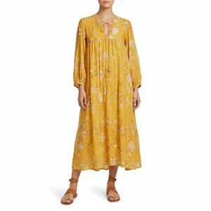 Matta NY Hamsa Gold Floral Cotton Midi Dress Pockets Boho Tiered XS EUC